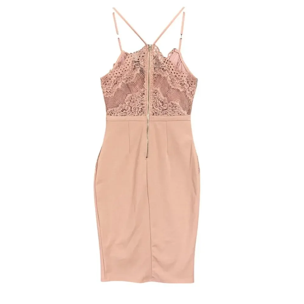 Iris‎ Dusty Mauve Pink Lace Bodycon Midi Dress Women’s Size Small Sexy Romantic